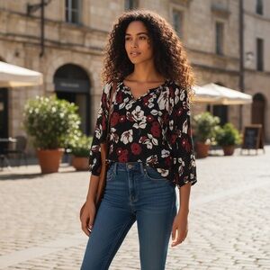 Lucky Brand 3/4 Sleeve Flowered Blouse